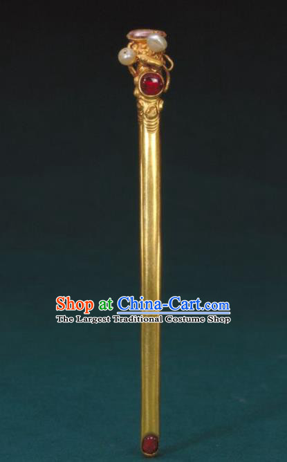 Traditional China Qing Dynasty Palace Golden Hair Stick Ancient Empress Pearls Hairpin Handmade Hair Ornament