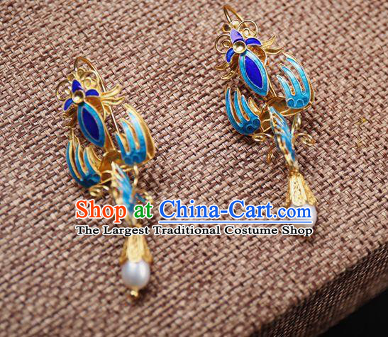 Handmade Chinese Ancient Empress Blueing Phoenix Ear Jewelry Traditional Qing Dynasty Court Pearl Earrings Accessories