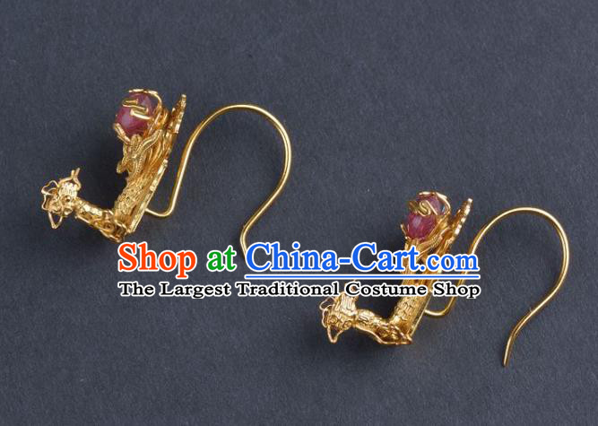 Handmade Chinese Traditional Ming Dynasty Wedding Ear Accessories Ancient Empress Golden Phoenix Earrings Jewelry