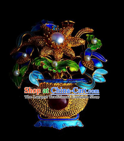 Handmade Chinese Traditional Qing Dynasty Filigree Breastpin Pearls Accessories Ancient Empress Cloisonne Brooch Jewelry