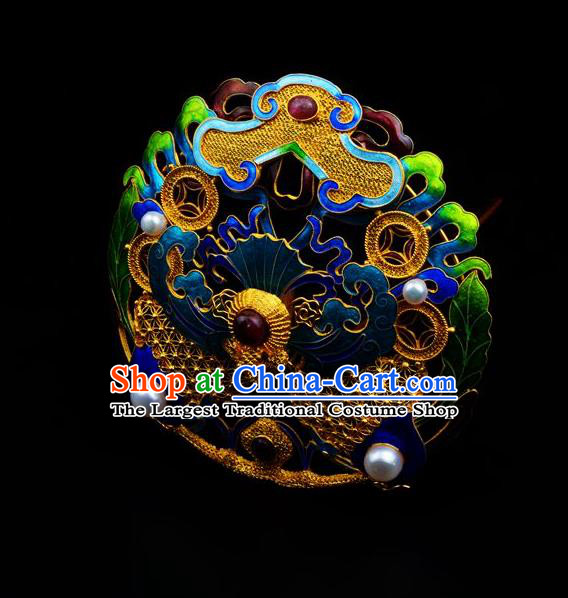 Traditional China Ancient Empress Gems Blueing Hairpin Handmade Hair Ornament Qing Dynasty Palace Cloisonne Hair Crown