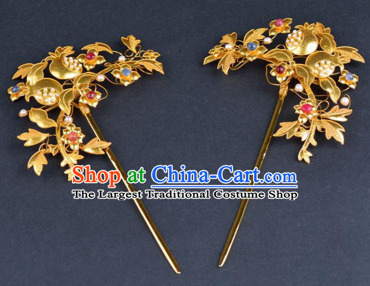 China Traditional Qing Dynasty Palace Golden Pomegranate Hair Stick Handmade Gems Hair Jewelry Ancient Empress Pearls Hairpin