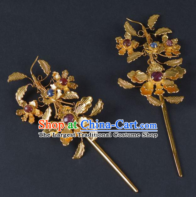 China Traditional Tang Dynasty Palace Golden Peony Hair Stick Handmade Hair Jewelry Ancient Empress Ruby Hairpin