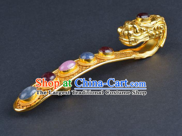 Chinese Ancient Ming Dynasty Emperor Golden Belt Hook Traditional Hanfu Gems Waist Buckle Accessories