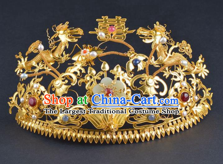 China Traditional Ming Dynasty Jade Flower Hair Crown Handmade Hair Jewelry Ancient Wedding Phoenix Coronet