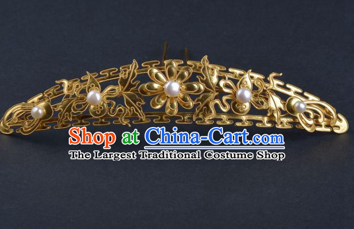 China Ancient Hanfu Golden Hairpin Traditional Qing Dynasty Princess Hair Crown Handmade Hair Jewelry