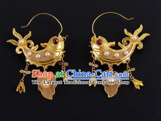 Handmade Chinese Ancient Empress Jewelry Pearls Earrings Traditional Ming Dynasty Court Golden Carp Accessories