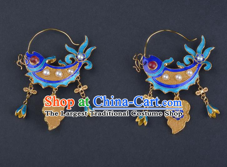 Handmade Chinese Blueing Earrings Traditional Ming Dynasty Court Carp Accessories Ancient Empress Pearls Jewelry