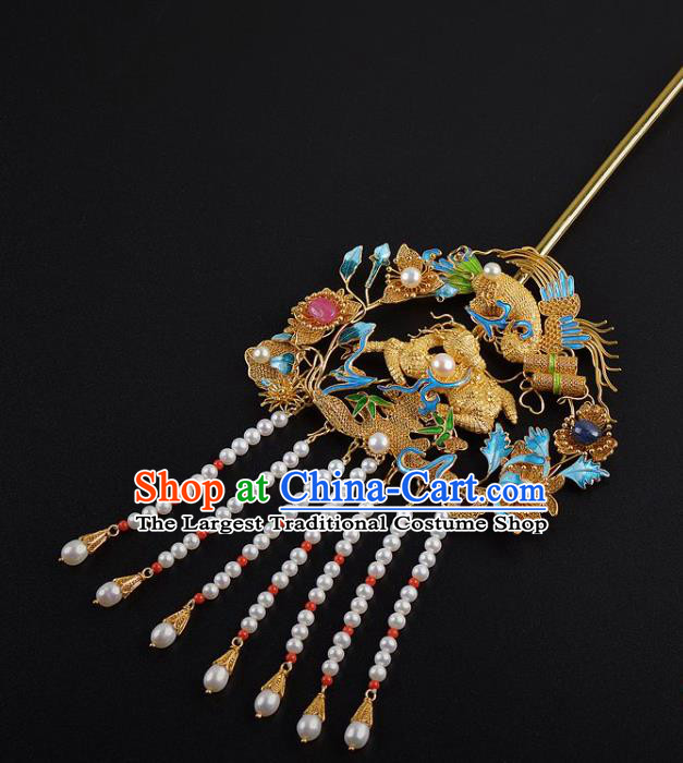 China Traditional Qing Dynasty Palace Cloisonne Hair Stick Handmade Hair Jewelry Ancient Empress Pearls Tassel Phoenix Hairpin