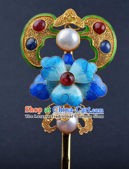 China Ancient Empress Enamel Peony Hair Stick Handmade Hair Jewelry Traditional Qing Dynasty Palace Gems Bat Hairpin