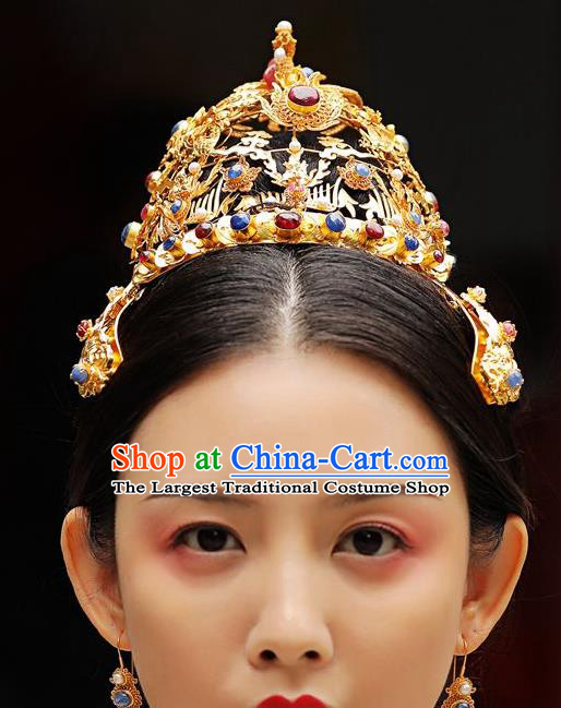 China Ancient Empress Gems Hair Crown Handmade Palace Hair Jewelry Traditional Ming Dynasty Hairpin Coronet