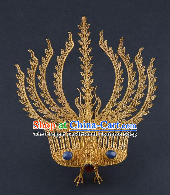 Traditional China Ancient Empress Sapphire Hairpin Handmade Palace Hair Ornament Ming Dynasty Filigree Phoenix Hair Crown