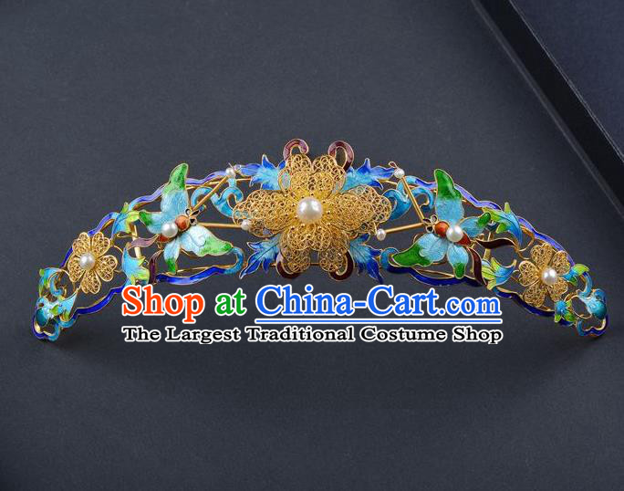 Traditional China Ancient Empress Filigree Golden Hairpin Handmade Palace Hair Ornament Qing Dynasty Enamel Butterfly Hair Crown