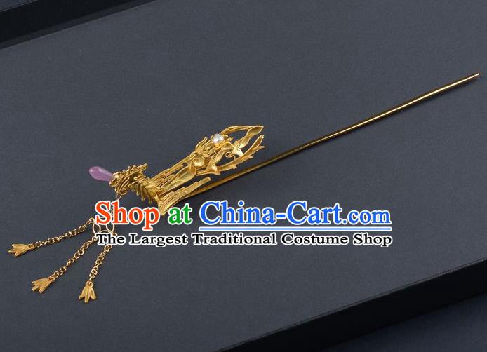 Traditional China Ming Dynasty Hair Stick Handmade Palace Hair Ornament Ancient Empress Golden Phoenix Tassel Hairpin