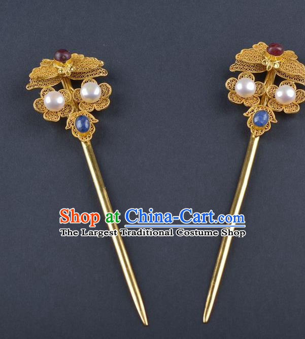 Traditional China Ming Dynasty Filigree Plum Blossom Hair Stick Handmade Palace Hair Ornament Ancient Empress Pearls Butterfly Hairpin