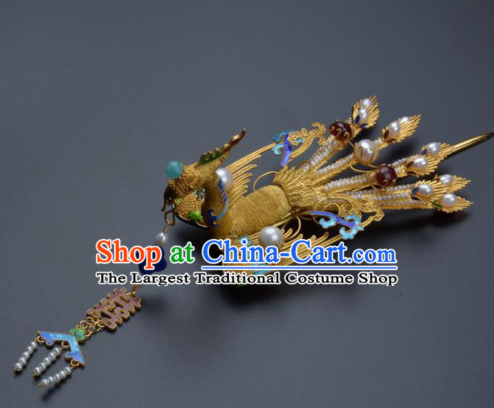 Traditional China Ancient Empress Pearls Hair Stick Qing Dynasty Palace Filigree Phoenix Hairpin Handmade Hair Ornament