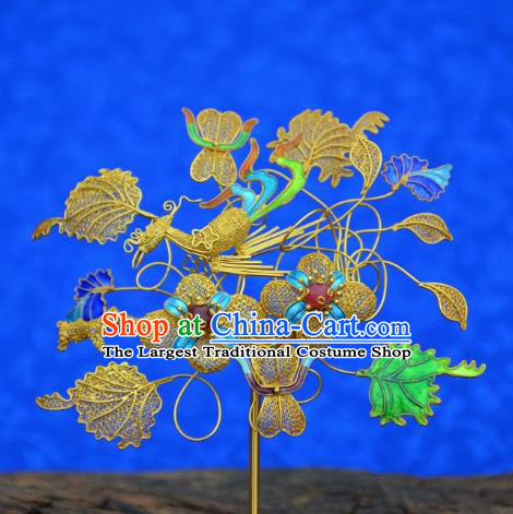 Traditional China Ancient Empress Filigree Golden Hair Stick Handmade Hair Ornament Qing Dynasty Palace Ruby Hairpin