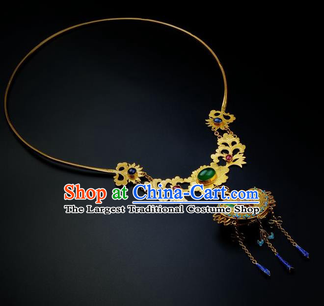 Handmade Chinese Traditional Ming Dynasty Golden Lotus Necklace Accessories Ancient Empress Gems Necklet Jewelry