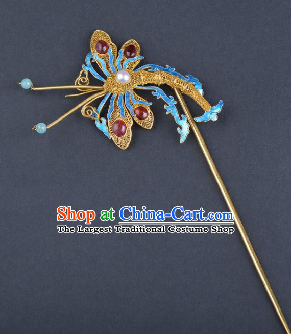 Traditional China Handmade Ruby Hair Ornament Qing Dynasty Palace Hairpin Ancient Empress Enamel Dragonfly Hair Stick