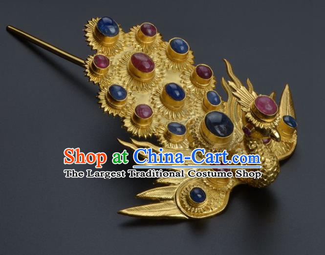 Traditional China Handmade Gems Hair Ornament Ming Dynasty Palace Hairpin Ancient Empress Golden Phoenix Hair Crown