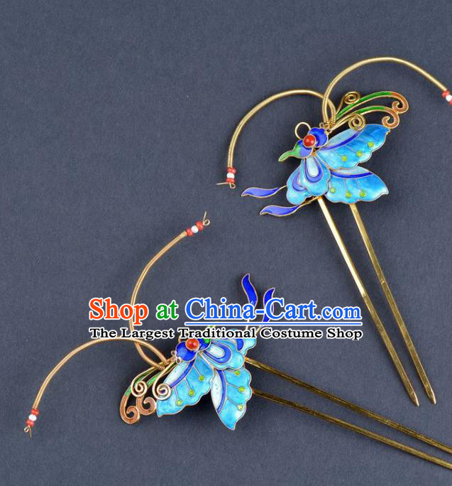 Traditional China Qing Dynasty Palace Hair Stick Handmade Hair Ornament Ancient Empress Enamel Butterfly Hairpin