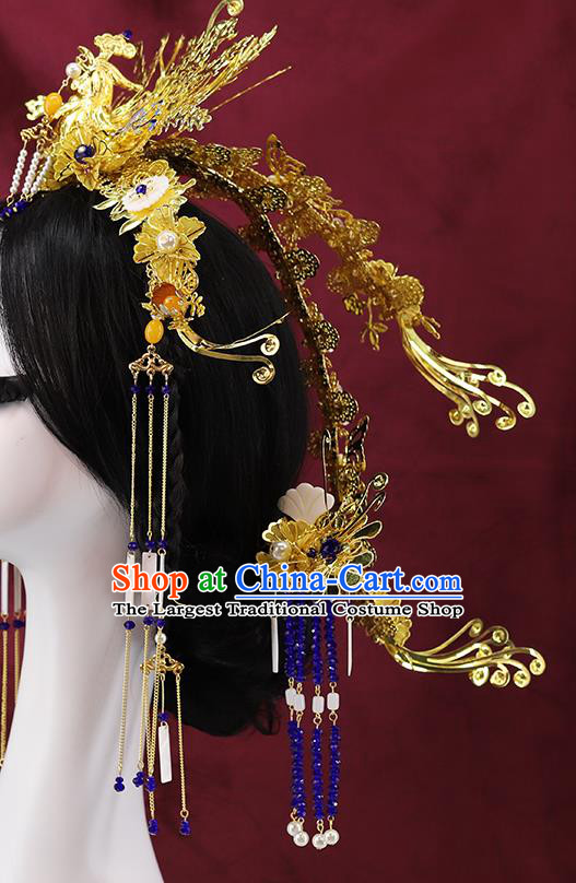 Traditional China Wedding Phoenix Coronet Ancient Empress Golden Hair Crown Handmade Hair Ornament