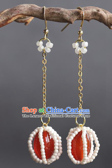 Handmade Chinese Traditional Wedding Red Agate Ear Accessories Ancient Empress Beads Earrings