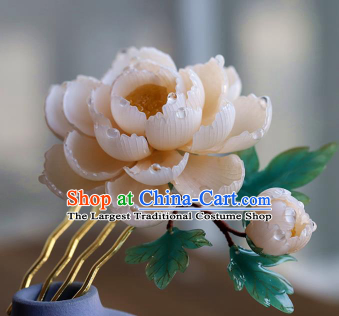 Chinese Hanfu Pink Peony Hairpin Traditional Wedding Hair Accessories Ancient Bride Hair Comb