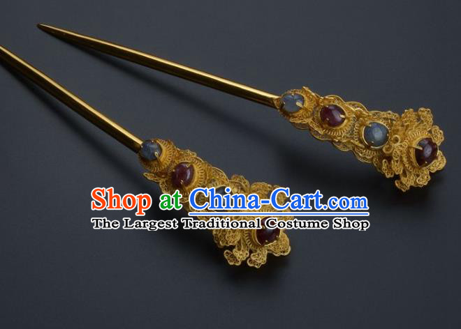 Traditional China Ming Dynasty Palace Gems Hair Stick Handmade Hair Ornament Ancient Empress Golden Peony Hairpin