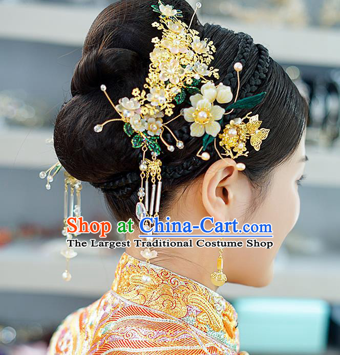 Traditional China Wedding Tassel Hairpins Ancient Empress Golden Hair Combs Handmade Hair Ornament Full Set