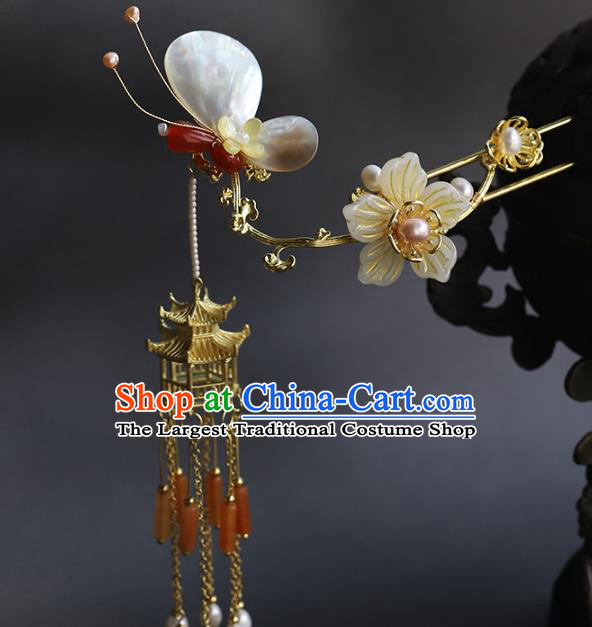 Chinese Hanfu Tassel Hairpin Traditional Wedding Hair Accessories Ancient Bride Shell Butterfly Hair Stick