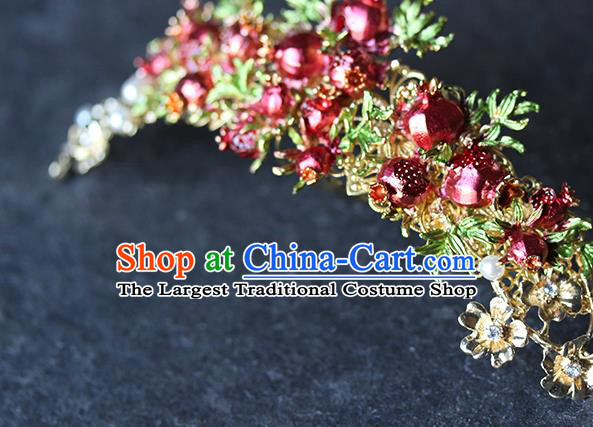 Chinese Hanfu Red Pomegranate Hair Crown Traditional Wedding Hair Accessories Ancient Bride Hair Stick