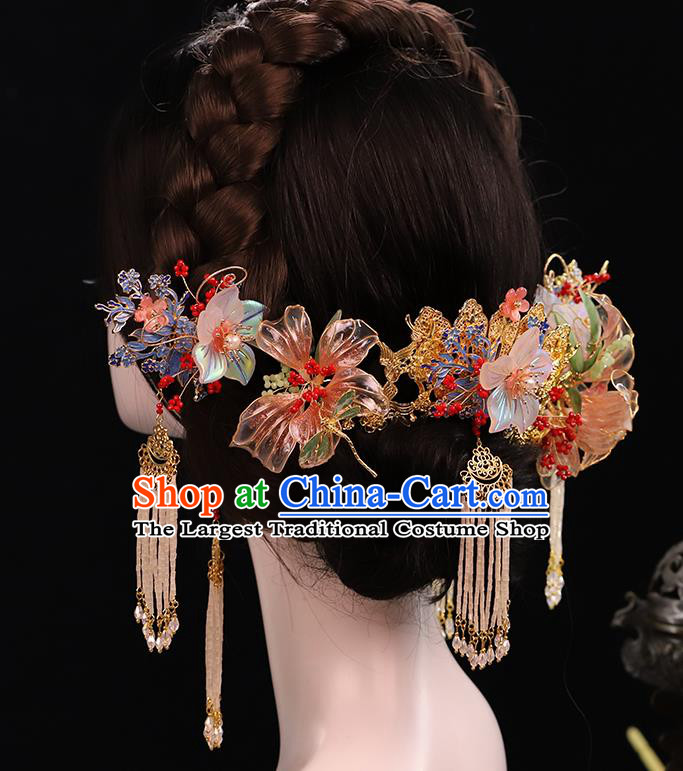 Traditional China Handmade Flowers Hair Crown Ancient Bride Tassel Hairpins Wedding Hair Ornament Full Set