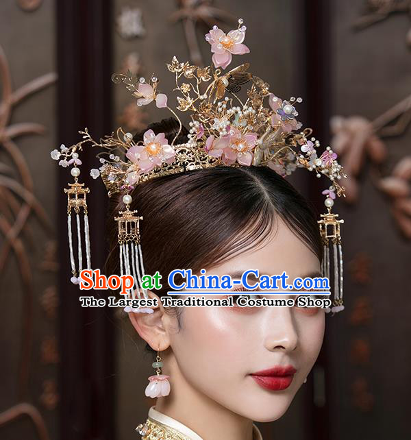 Traditional China Handmade Pink Flowers Hair Crown Ancient Bride Hairpins Phoenix Coronet Wedding Hair Ornament Full Set