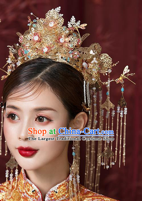 Traditional China Handmade Golden Phoenix Coronet Ancient Bride Hairpins Wedding Hair Ornament Full Set