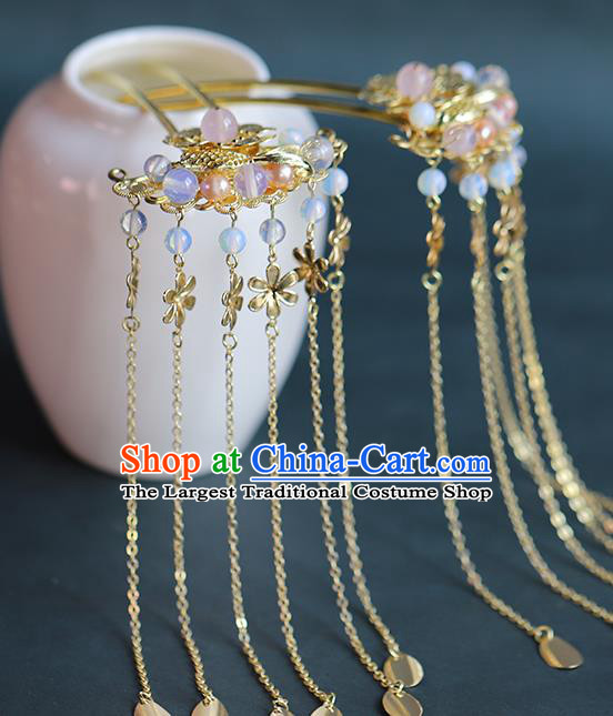 Chinese Ancient Bride Golden Tassel Hair Sticks Traditional Wedding Hair Accessories Hanfu Hairpins