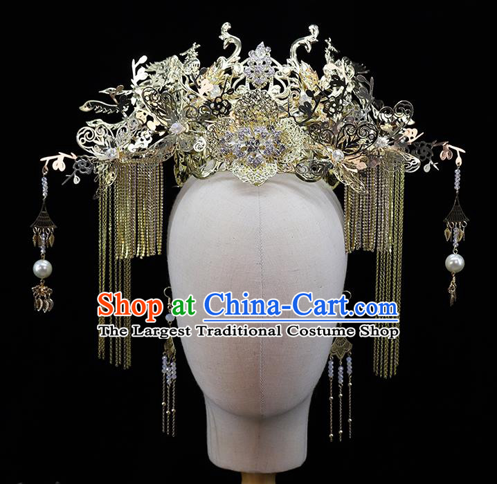 Traditional China Ancient Bride Hair Crown Hairpins Wedding Hair Ornament Handmade Golden Phoenix Coronet Full Set