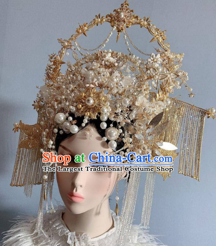 Top Grade Court Queen Phoenix Coronet Wedding Hair Ornament Handmade Golden Tassel Hair Crown