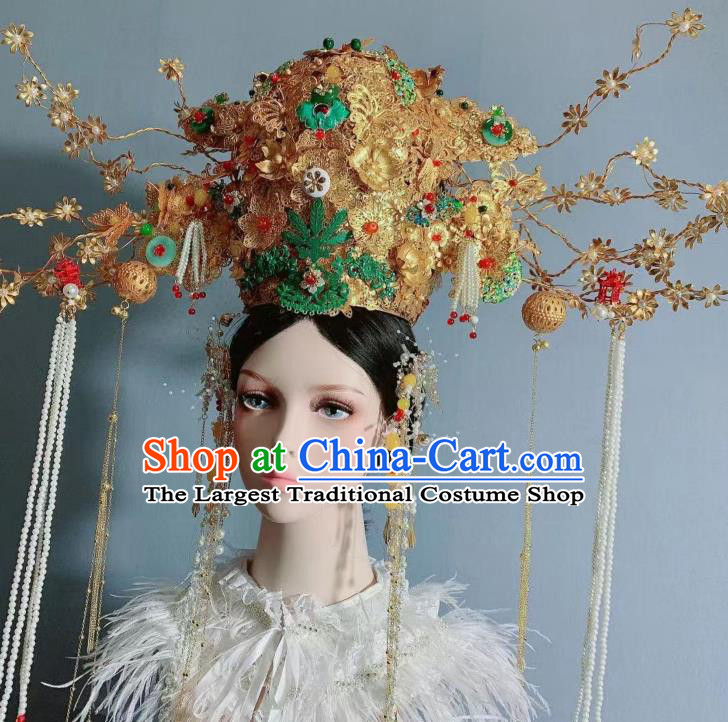 Top Grade Handmade Court Queen Deluxe Hair Crown Wedding Hair Ornament Stage Show Golden Lantern Phoenix Coronet