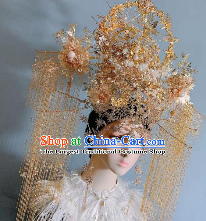 Top Grade Wedding Hair Ornament Stage Show Golden Tassel Phoenix Coronet Handmade Court Queen Deluxe Hair Crown