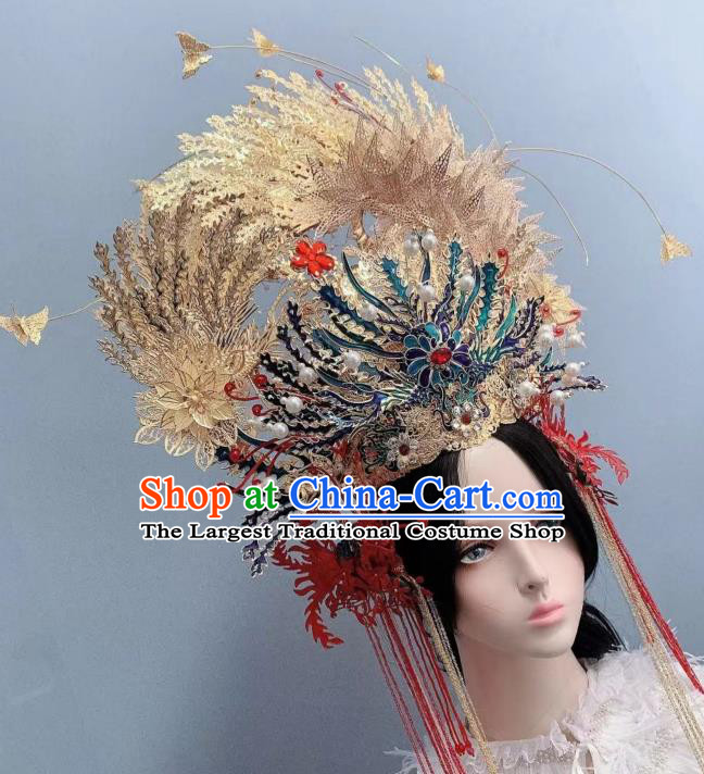 Top Grade Chinese Wedding Hair Ornament Handmade Court Queen Deluxe Hair Crown Stage Show Blueing Phoenix Coronet