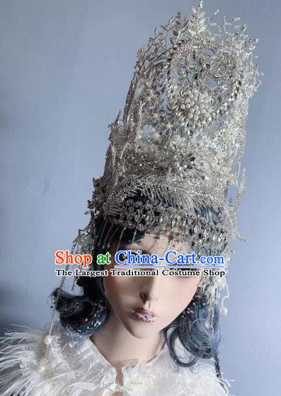 Top Court Queen Deluxe Headdress Handmade Halloween Stage Show Hair Ornament Baroque Wedding Bride Argent Royal Crown