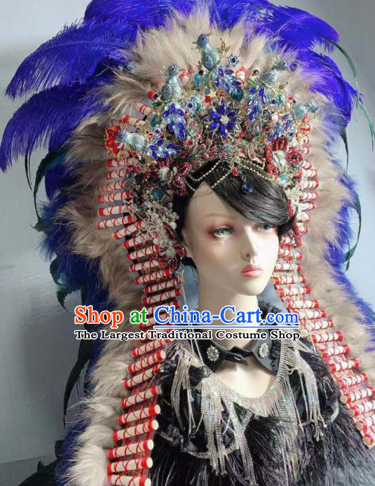 Top Court Handmade Indian Chief Royalblue Feather Hat Halloween Stage Show Hair Ornament Baroque Deluxe Headdress