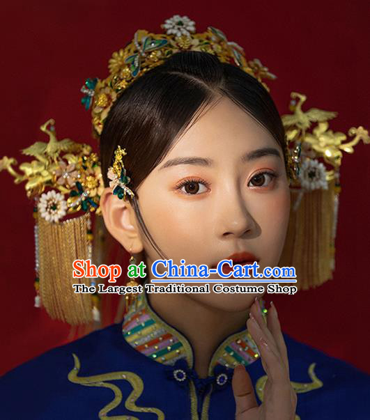 Traditional China Ancient Bride Golden Hair Crown Hairpins Handmade Phoenix Coronet Wedding Hair Ornament Full Set