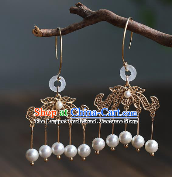 Handmade Chinese Ancient Bride Tassel Golden Earrings Jewelry Traditional Wedding White Jade Ear Accessories