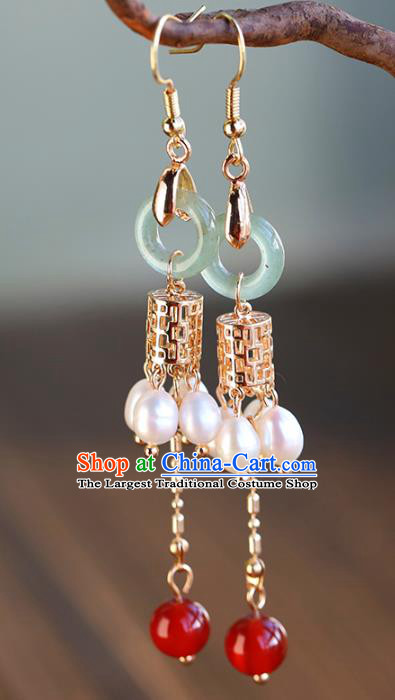 Handmade Chinese Ancient Bride Aventurine Earrings Jewelry Traditional Wedding Golden Ear Accessories