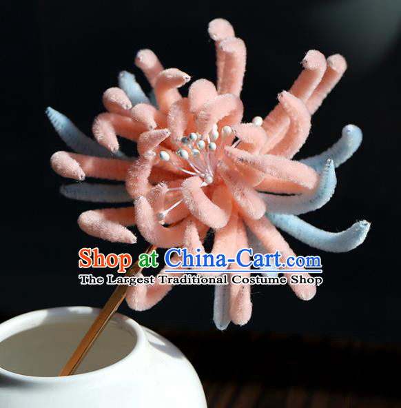 Chinese Wedding Hair Accessories Ancient Bride Pink Velvet Chrysanthemum Hairpin Traditional Hanfu Hair Stick