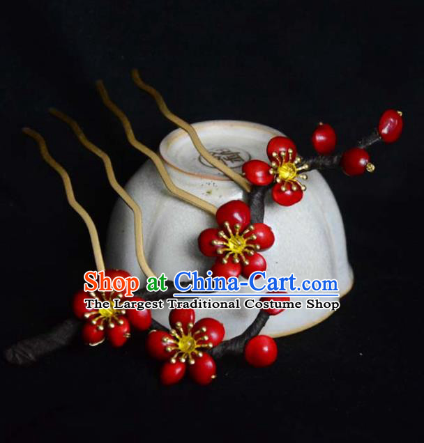 Chinese Ancient Princess Hairpin Hanfu Hair Accessories Traditional Red Plum Blossom Hair Comb