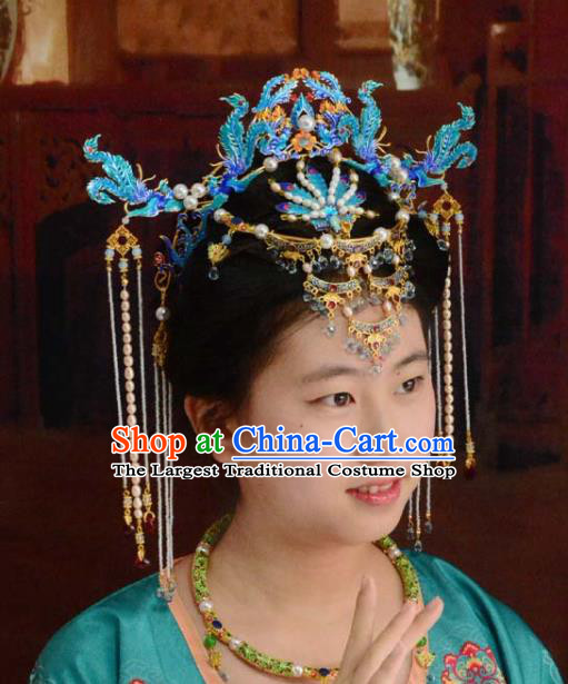 Traditional China Ancient Queen Blueing Phoenix Coronet Wedding Hair Ornament Handmade Hairpins Full Set