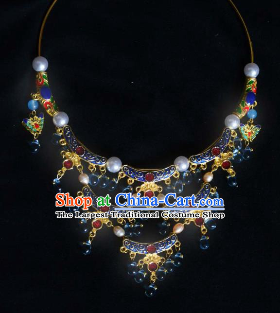 Handmade Chinese Ancient Empress Blue Necklace Jewelry Traditional Ming Dynasty Necklet Accessories